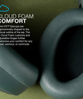 Close-up of the JBuds Lux ANC Over Ear Headphones earcups with Cloud Foam cushions for comfort and isolation.