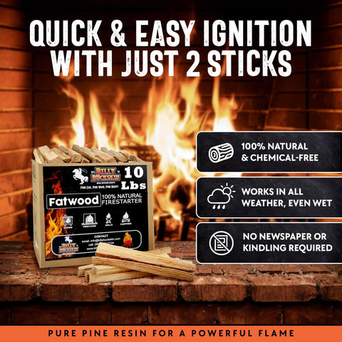 Fatwood Fire Starter Sticks 10lb Box For Campfires And BBQs in front of a fireplace, showcasing 100 percent natural fire starters.