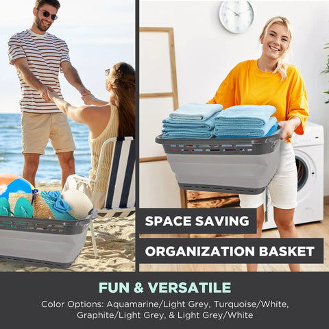 Two people at the beach and a woman doing laundry with the Big 25 Inch Collapsible Laundry Basket With Dual Comfort Grip Handles.