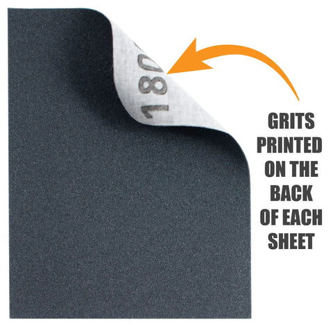 Nine Grade Pro Grade Sanding Sheet Kit With Cushioned Foam Block grits shown on back of 1800 grit sanding sheet.