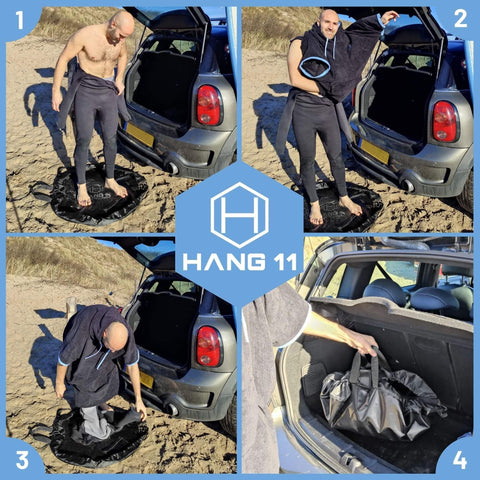 Man using 32 Inch Wetsuit Changing Mat Bag With Shoulder Strap Waterproof Wet Suit Carrier Keeps Your Car Clean And Gear Dry Ideal Surf Change Gear Surfing Accessories And Gifts Black.