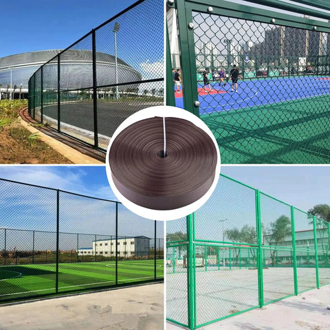 Chain Link Fence Tape Roll 250 Ft By 1.85 In Privacy Strip With One Hole Punch And 200 Fasteners shown installed on fences
