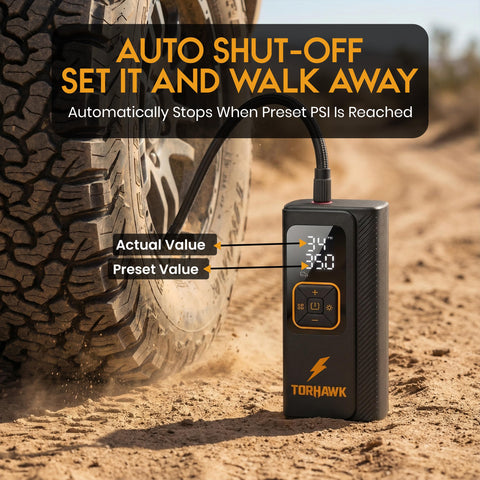 Dual Cylinder Tire Inflator Portable Air Compressor 160 PSI Beastly Fast Inflate for cars with digital display in use.