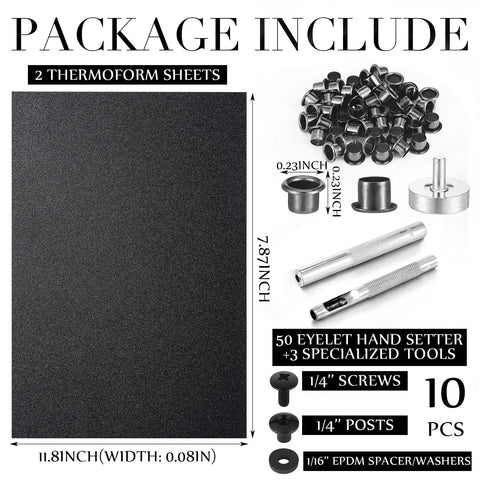 DIY Kydex Holster Making Kit 87 Pcs With Thermoform Sheets Molding Foams Eyelet Setter Cross Recessed Screws Slotted Fasteners Rubber Washers For Knife Sheath Creation, showing thermoform sheets and eyelet tools included.