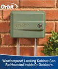 Easy Set Logic 12 Zone Outdoor Sprinkler Timer with locking cabinet mounted on brick wall for waterproof use indoors and outdoors