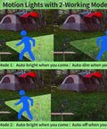Diagram of motion sensor camping lights in two modes near a tent, showing auto-bright and auto-dim settings.