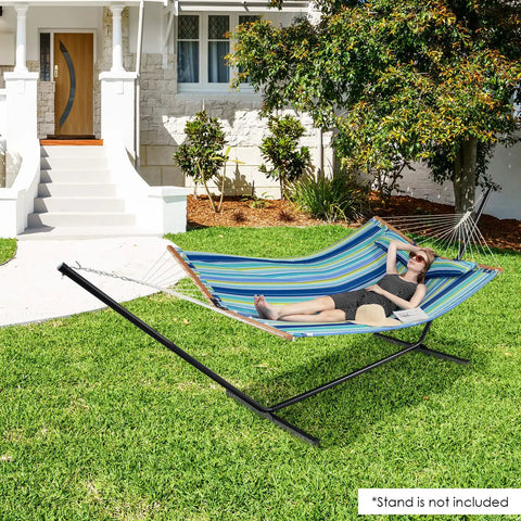 10.5Ft Double Hammock With Curved Spreader Bars For Two People, Heavy Duty Outdoor Hammock With Detachable Pillow, blue green stripes