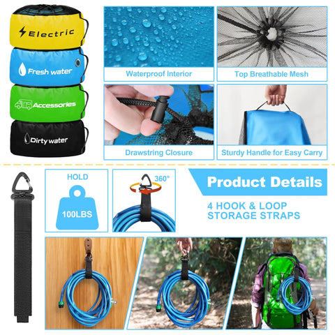 RV Storage And Organization Bags 4 Pack Black Blue Yellow Green Waterproof Organizer for sewer hoses and cords