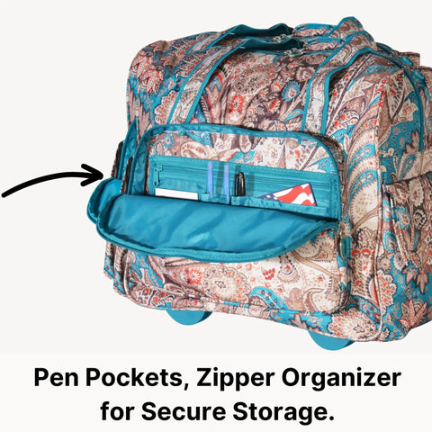 Lightweight Rolling Overnight Bag With Laptop Compartment featuring pen pockets, zipper organizer, and paisley pattern for weekender travel.