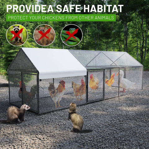 Roomy Metal Chicken Coop With Weatherproof Cover For Outdoor Backyards Walk In Hen House For Chickens Ducks Rabbits And Small Pets 79 By 40 By 40 Inches Portable Backyard Poultry Cage in forest setting with protective mesh.