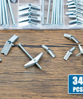 34 Piece Butterfly Toggle Bolts Kit With 1/4 Inch Four Pack 3/16 Inch Eight Pack And 1/8 Inch Twenty Two Pack Zinc Plated Hollow Wall Anchors For Drywall Plaster Ceiling And Hollow Wall Mounting In A Sturdy Organizer on wooden surface