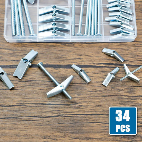 34 Piece Butterfly Toggle Bolts Kit With 1/4 Inch Four Pack 3/16 Inch Eight Pack And 1/8 Inch Twenty Two Pack Zinc Plated Hollow Wall Anchors For Drywall Plaster Ceiling And Hollow Wall Mounting In A Sturdy Organizer on wooden surface