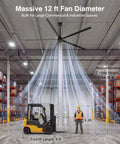 Heavy Duty 144 Inch HVLS Industrial Ceiling Fan With Five Slick Aluminum Blades And 200W Ridiculously Quiet DC Motor in a warehouse setting.