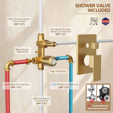 Top Tier Brushed Gold Shower System Features A Ten Inch Rain Showerhead And Tub Spout Cast From Solid Brass With Absolutely Zero Plastic Tubes For Rust Proof Bathroom Setup That Runs Slick Every Time