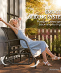 Woman relaxing on a Two Person Outdoor Glider Bench Swing Loveseat for Patio Porch and Garden with a smooth gliding system.