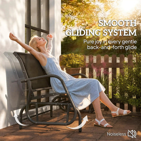 Woman relaxing on a Two Person Outdoor Glider Bench Swing Loveseat for Patio Porch and Garden with a smooth gliding system.