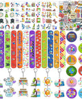 Totally Cool 98 Piece Science Party Favors Bundle With Slap Bracelets, Stickers, Badges, Keychains And Temporary Tattoos Display