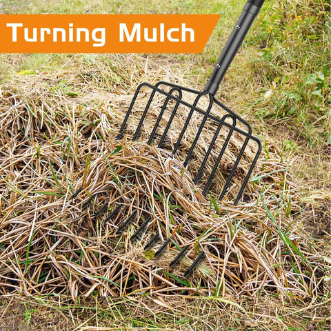 Wide Head Pitch Fork For Manure And Hay, Beefy Heavy Duty 14.96 Inch Head With 10 Tines turning mulch in grassy field.