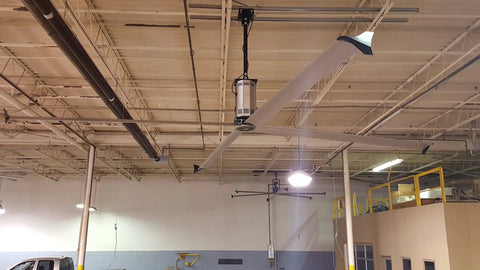 Heavy Duty Twenty Foot Industrial Ceiling Fan Using High Volume Low Speed Technology in a warehouse setting.