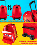 Disney Cars kids' rolling suitcase, front and back views, red 16-inch, 25L with wheels and retractable handle