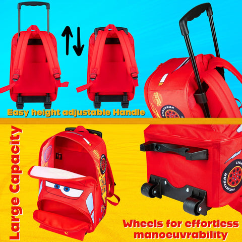 Disney Cars kids' rolling suitcase, front and back views, red 16-inch, 25L with wheels and retractable handle