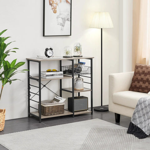 Sturdy Kitchen Bakers Rack With Wire Basket And Six S Shaped Hooks, Microwave Oven Stand And Coffee Bar Table in living room setup