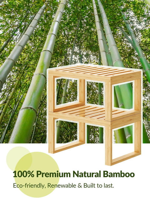 Heavy Duty Bamboo Cabinet Organizer Shelf Two Pack Stackable Kitchen Counter Rack Featuring Slatted Draining Surface To Air Out Dishes And Keep Counters Squeaky Clean, eco-friendly bamboo rack.