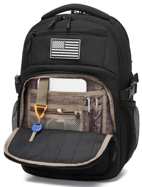 Military Tactical Backpack With Laser Cut MOLLE Webbing, 25L EDC Daypack showing front pocket storage and USA patch.