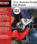 Pro Grade Aluminum 12 Inch Straight Pipe Wrench being used by plumber, featuring I Beam Handle and Floating Forged Hook Jaw