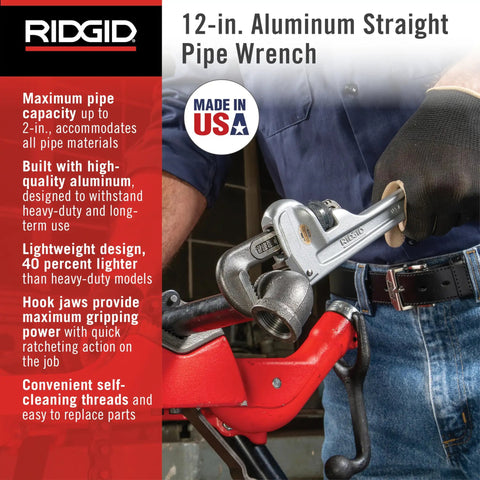 Pro Grade Aluminum 12 Inch Straight Pipe Wrench being used by plumber, featuring I Beam Handle and Floating Forged Hook Jaw