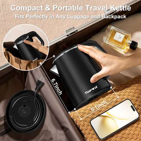 Ultra Portable 0.8L Electric Kettle With Stainless Steel Build, 800W Quick Boil, Auto Shut Off And Boil Dry Protection in suitcase