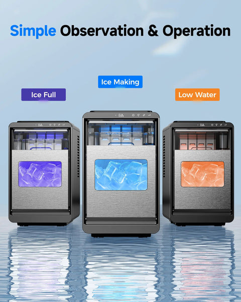 Crescent Ice Maker Countertop With Self Cleaning And Timer Delivers 16 Crystal Clear Crescent Ice In Just 12 Minutes 35 Lbs Per Day Party Ready For Home Office Or Party showing different light indicators