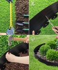 Measuring and cutting 4 Inch By 100 Foot Landscape Edging Kit Plastic Garden Border Coil, installation with anchoring spikes in garden