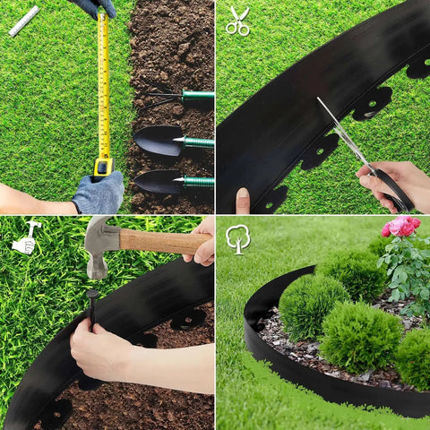 Measuring and cutting 4 Inch By 100 Foot Landscape Edging Kit Plastic Garden Border Coil, installation with anchoring spikes in garden