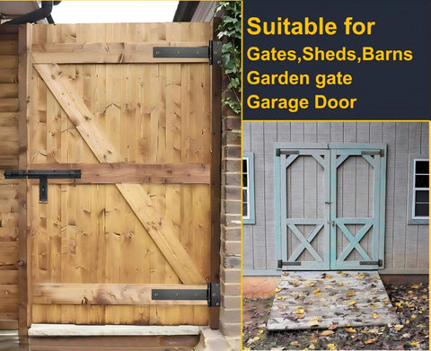 Industrial Strength 12 Inch T Strap Gate Hinges 4mm Thick 180 Degree Swing Rust Proof Black Steel installed on wooden gate