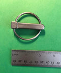 Close-up of Two Pack Marine Grade Stainless Steel 316 Linch Pin Ring Catch with ruler, 10.6mm, corrosion-resistant for marine use.