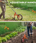 Person using 2 In 1 Manual Wheel Hoe Garden Cultivator with Adjustable Long Handle 51.9 to 64.9 Inches in vegetable bed.