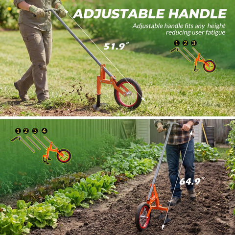 Person using 2 In 1 Manual Wheel Hoe Garden Cultivator with Adjustable Long Handle 51.9 to 64.9 Inches in vegetable bed.