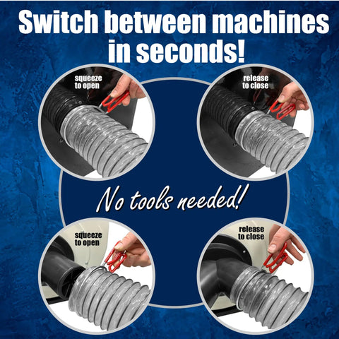 Image showing a 2-1/2 Inch PVC Dust Debris Collection Hose Kit being switched between machines with turning clamps.