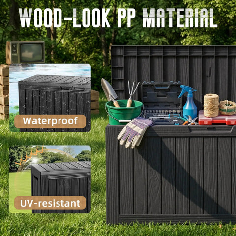 90 Gallon Outdoor Deck Box With Wheels Lockable Waterproof Weatherproof Resin Storage Chest for garden tools and cushions