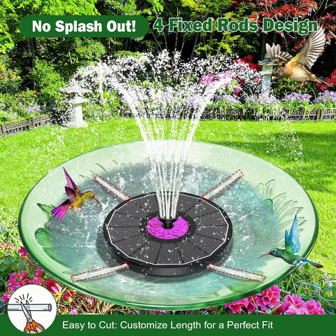 Powerful 3.5W Anti-Drift Solar Fountain For Bird Bath And Pond with 7 Nozzles attracting birds in a garden setting, black.