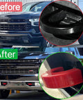 Before and after installing Red Tow Hook Cover Set For Silverado 1500 And Sierra 1500 2007 To 2024 And 2007 To 2018 Custom Tow Hitch Covers.