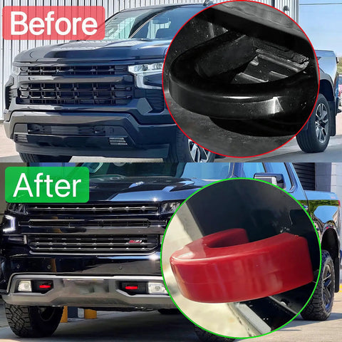 Before and after installing Red Tow Hook Cover Set For Silverado 1500 And Sierra 1500 2007 To 2024 And 2007 To 2018 Custom Tow Hitch Covers.