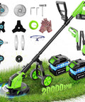 Cordless Weed Wacker With Wheels 12 Inch Cutting Path Stringless And Battery Powered 800W Brushless Motor shown with accessories