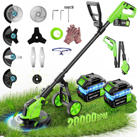 Cordless Weed Wacker With Wheels 12 Inch Cutting Path Stringless And Battery Powered 800W Brushless Motor shown with accessories