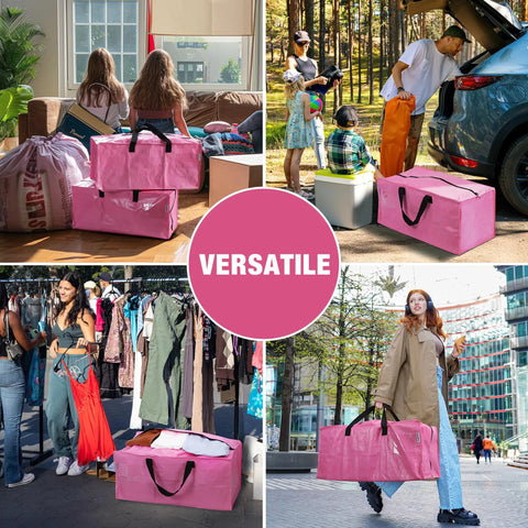 Extra Large Move Bags Set With Zippers And Carrying Handles Heavy Duty Storage Tote With Backpack Straps in Pink shown in versatile use