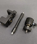 Flex Gooseneck C Clamp With 1/4-20 Threads, 360 Degree Rotation, shown disassembled, black finish, parts on grey surface