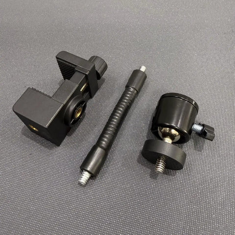 Flex Gooseneck C Clamp With 1/4-20 Threads, 360 Degree Rotation, shown disassembled, black finish, parts on grey surface