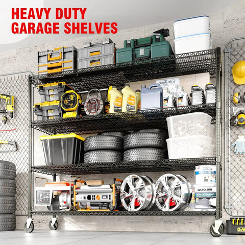 Extra Large Built Tough Four Tier Carbon Steel Wire Shelving Unit With Roller Glide Wheels holding tools and tires in a garage.