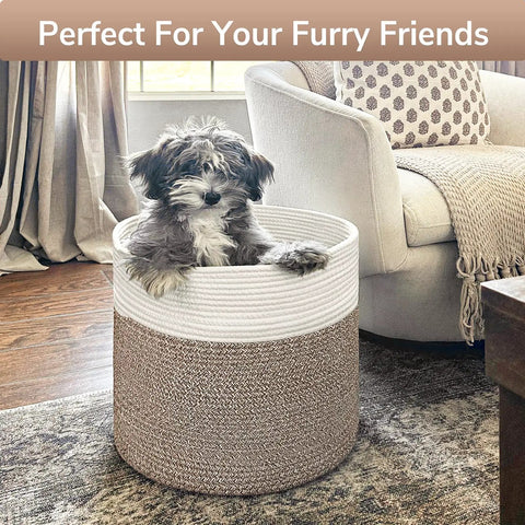 Cozy Cotton Rope Blanket Basket With Built In Handles, 15.8 X 15.8 X 13.8 Inches, Soft Yet Sturdy Storage Bin with dog inside
